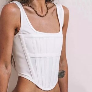 Jersey Corset Tank Camisole Crop Top Rib Boned Contrast Lattice Seam Panel White